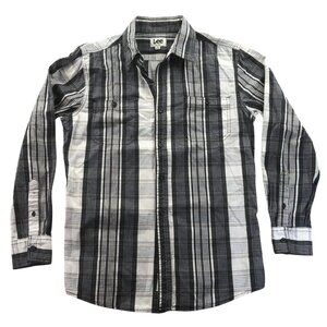 Lee Mens Shirt Medium Plaid Button Up Long Sleeve Check Casual Top Gray Classic